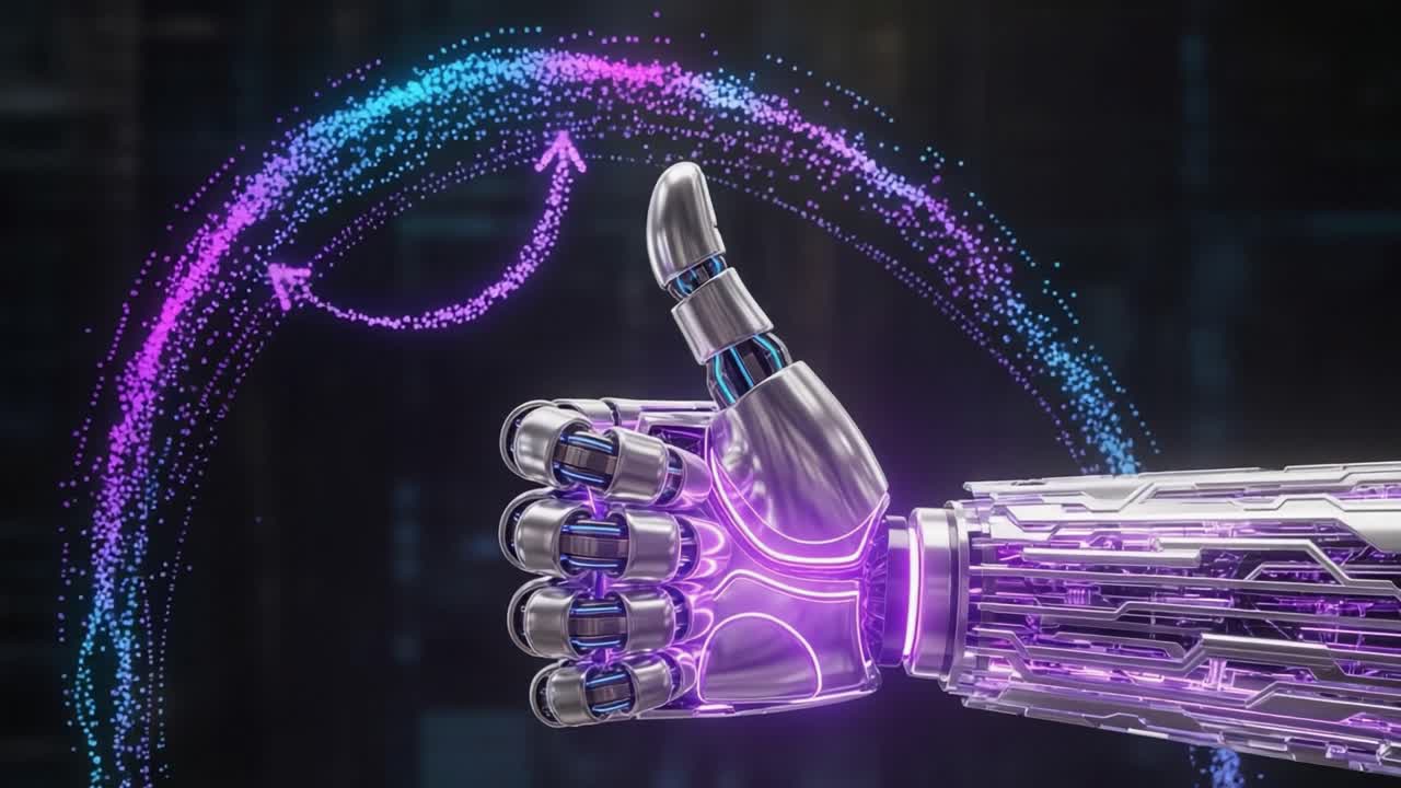 Futuristic Robotic Hand Giving Thumbs Up Gesture Amidst Colorful Digital Particle Trails Representing Innovation and Technology Advancements