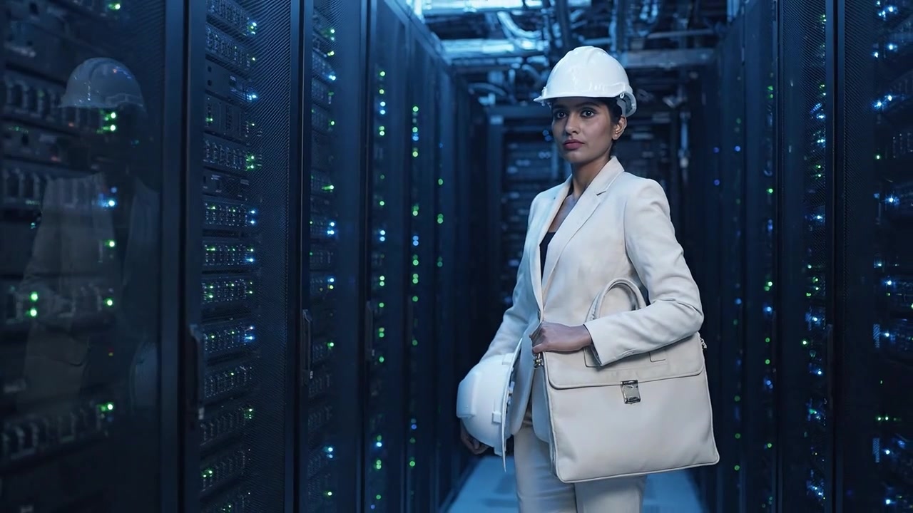 Professional Woman in a Data Center: Confidently Standing with a Helmet and Bag Among Rows of Servers in a High-Tech Environment