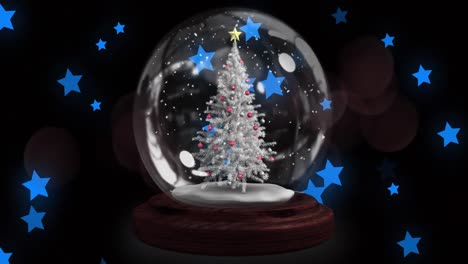estrella fugaz roja sobre el árbol de navidad en un globo de nieve contra múltiples iconos de estrellas azules flotando