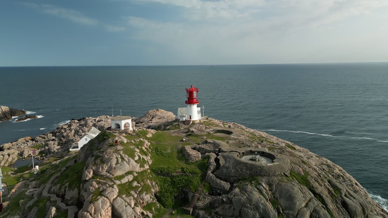 Drone footage shows the surroundings of Kap Lindesnes in Norway at sunset. The camera moves quickly toward the lighthouse, revealing more and more details of the region's landmark