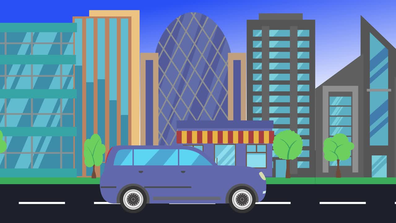 viajes en coche por la ciudad vista lateral, animación en bucle, fondo de diseño plano