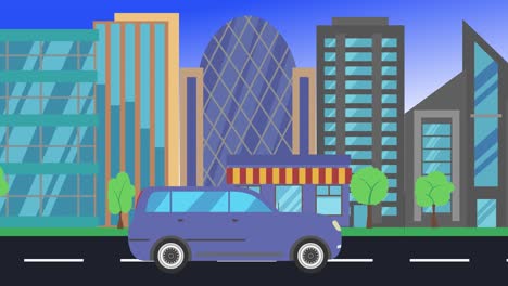 car driving rides around city side view, loop animation, flat design background