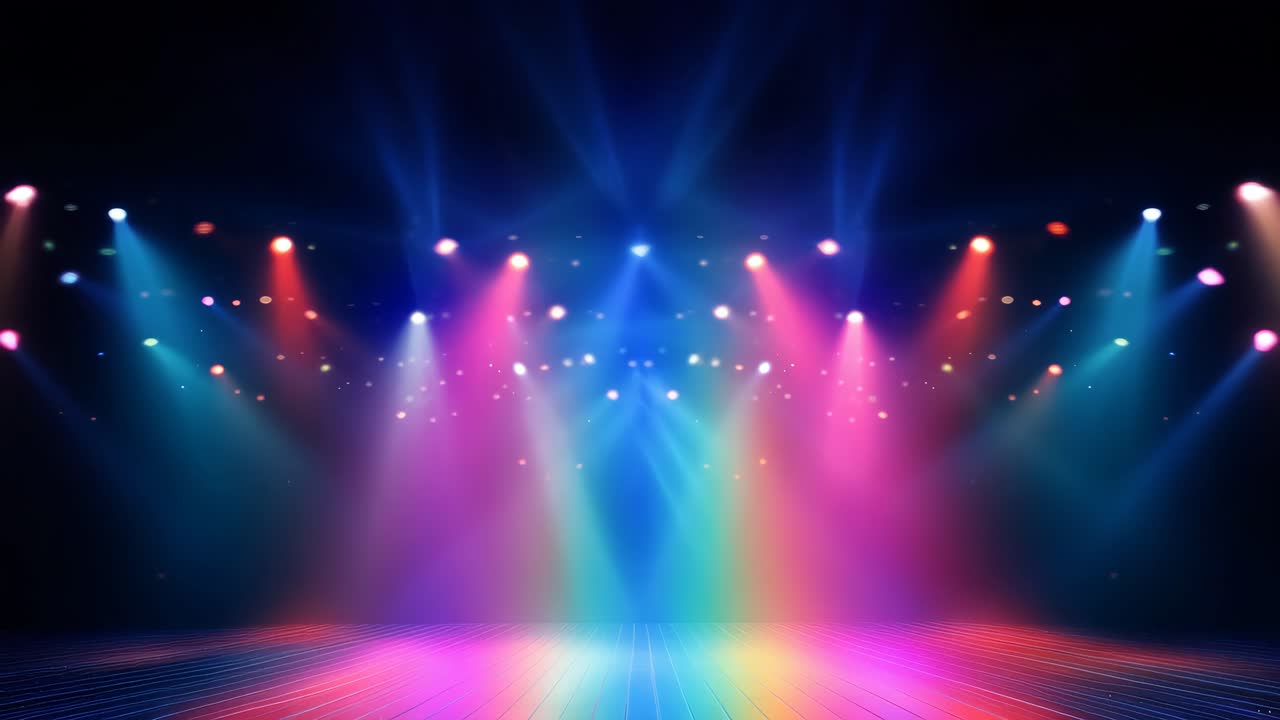 Vibrant stage lights in a rainbow spectrum shine down from above, creating a dynamic video backdrop
