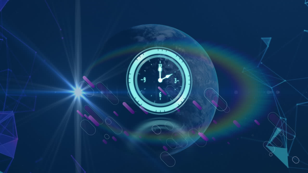전 세계를 가로질러 움직이는 시계의 애니메이션, 보라색 모양, 태양 및 해군 배경