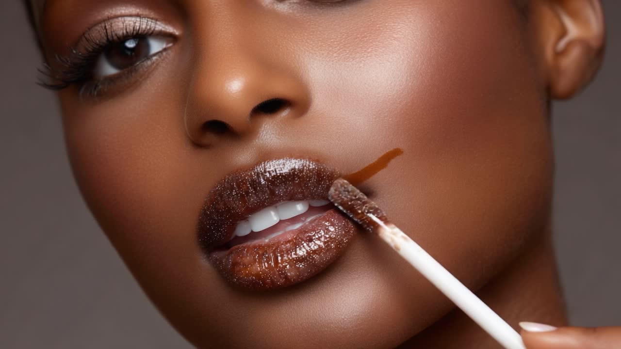 A Stunning Beauty Focusing on Lip Application with Glossy Finish, Showcasing Smooth Skin, Defined Features, and Attention to Detail in Makeup Artistry Techniques