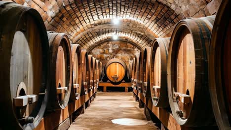 a row of wooden wine barrels lined up in a wine cellar