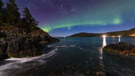aurora borealis over a rocky coastal landscape at night
