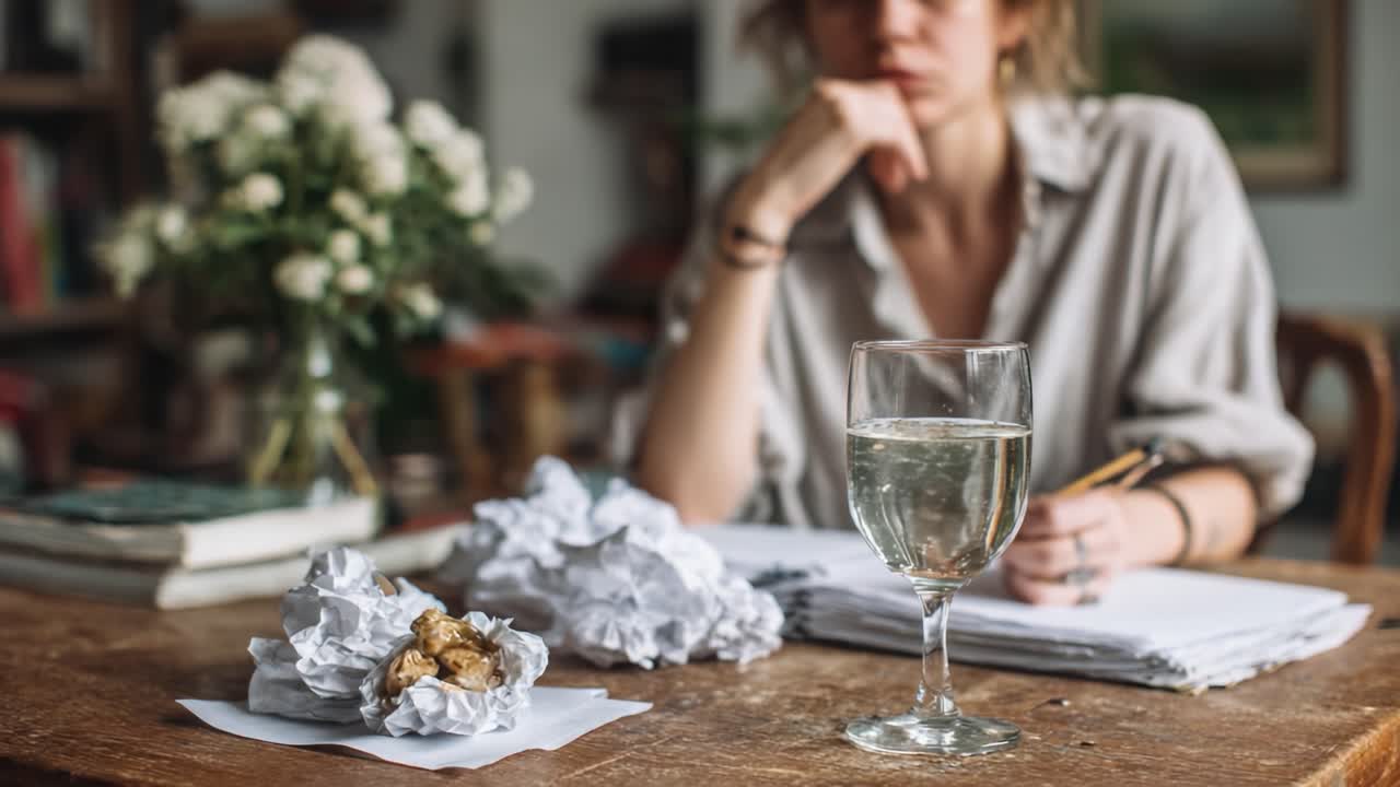 A Thoughtful Moment: A Person Contemplates Amidst Crumpled Paper and a Glass of Water, Reflecting the Struggles of Creativity and Idea Generation