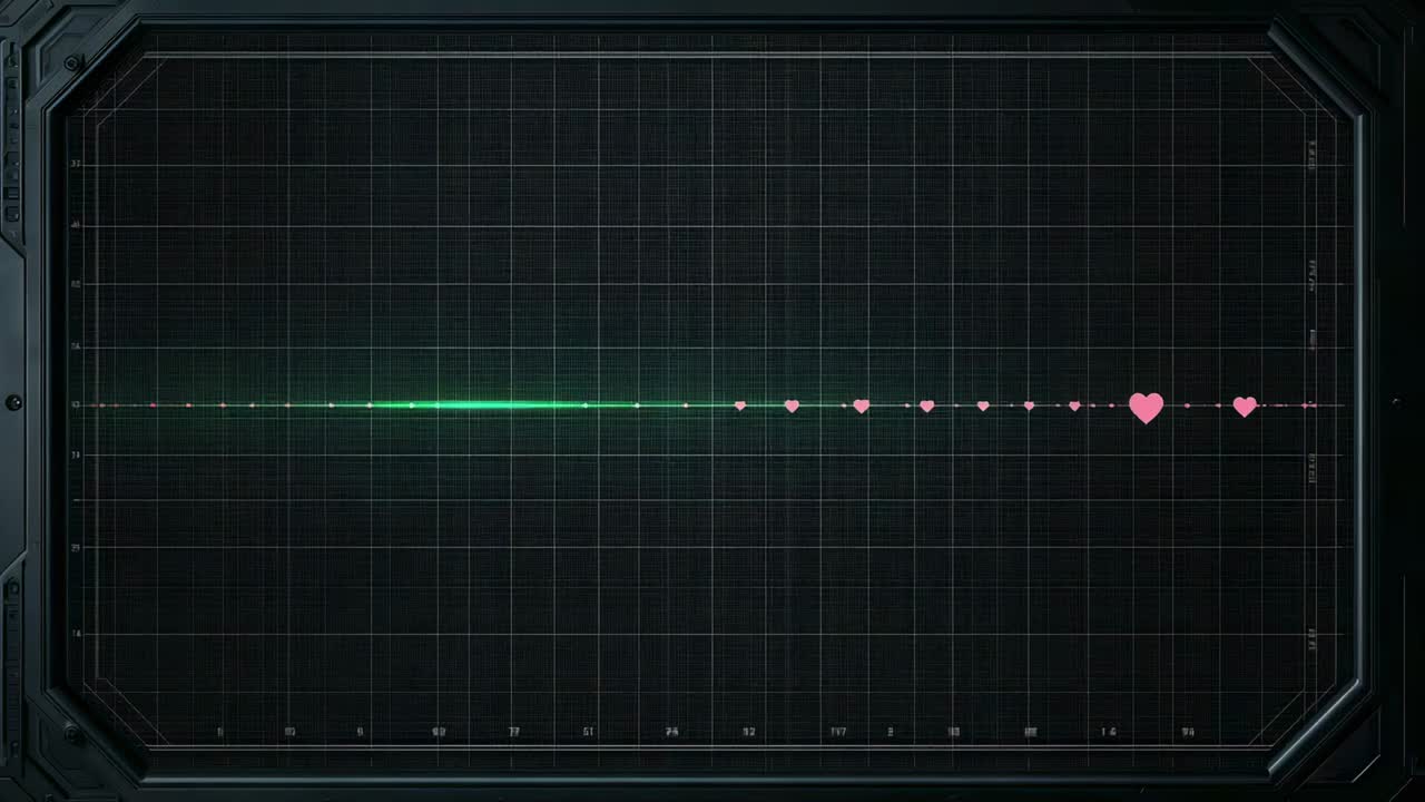 Animating ECG waveform across monitor from left-edge spike, showing heart rhythm with pink hearts