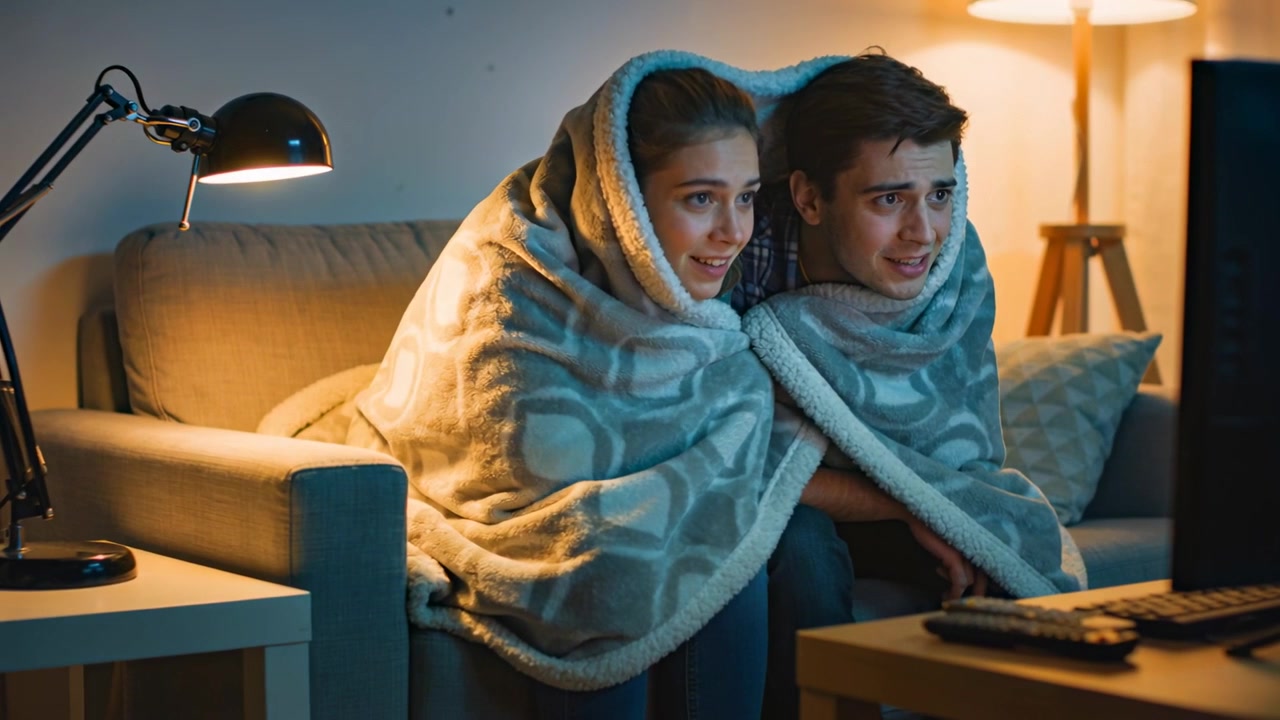 Reagindo à mudança na TV, casal em casa no sofá enrolado em uma manta, homem de camisa xadrez segurando uma tigela verde
