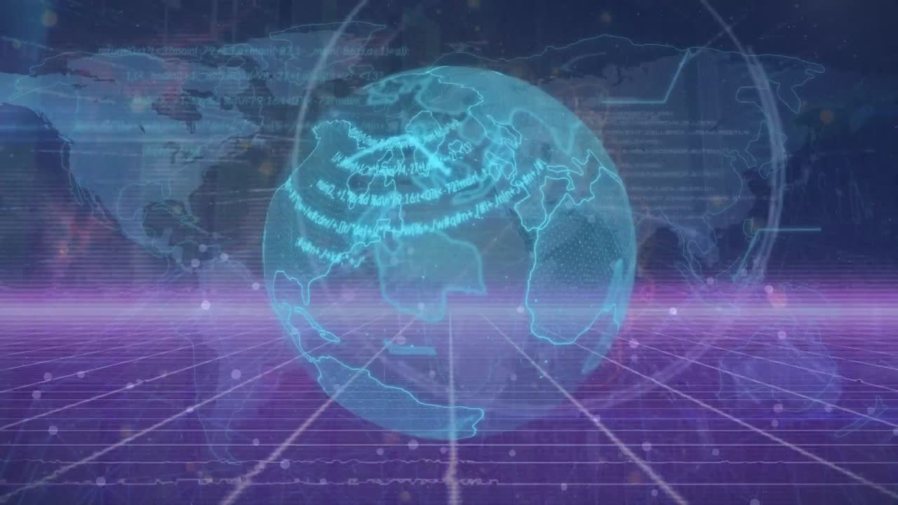 Animation of data processing and world map over globe