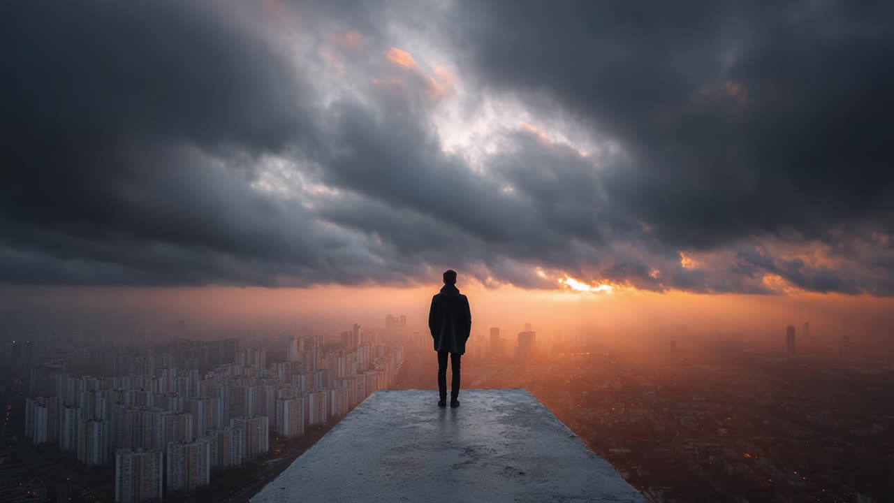 A solitary figure standing on a rooftop edge, gazing at a breathtaking sunset amidst dramatic clouds, capturing the essence of solitude and urban exploration