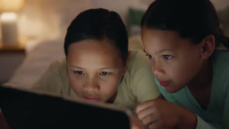 Kids,-girls-and-tablet-on-bed-at-night