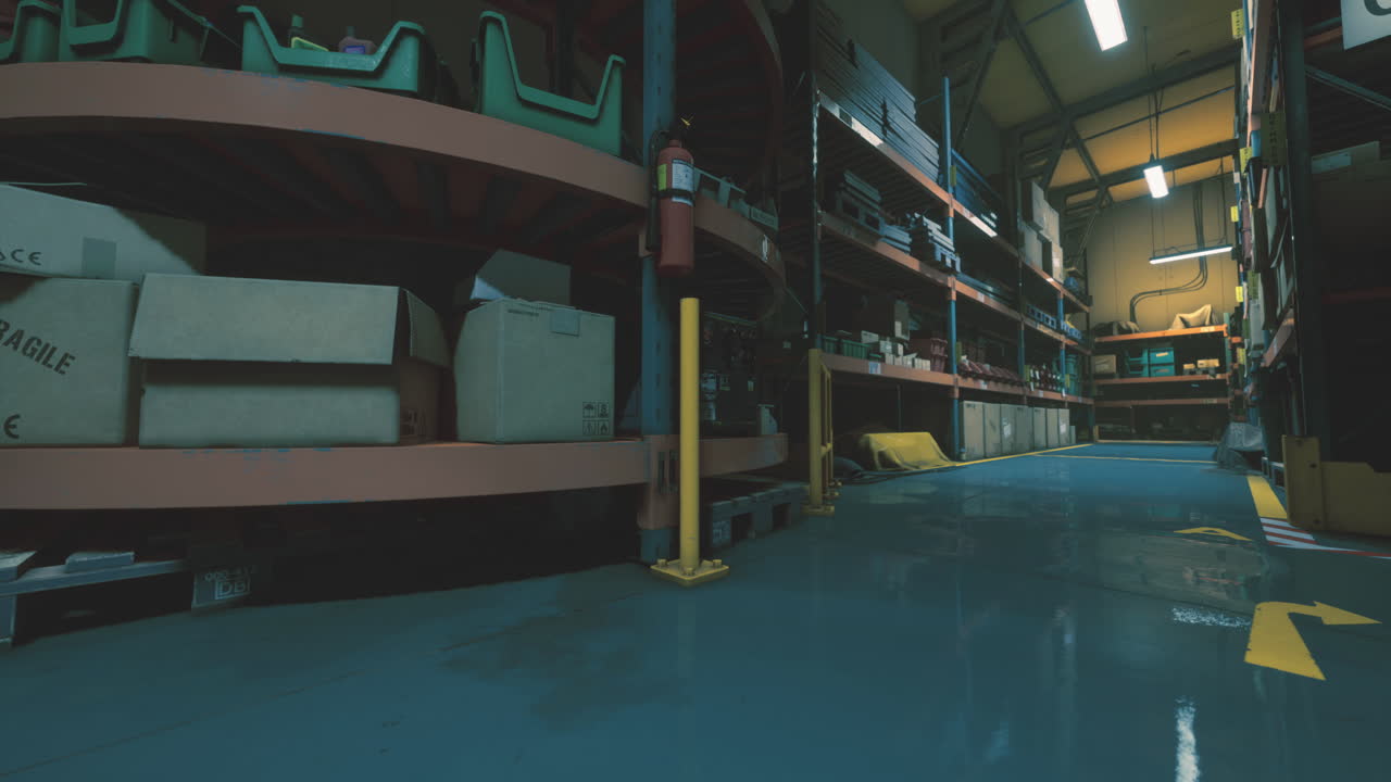 Warehouse storage area with shelves filled with various boxes and items
