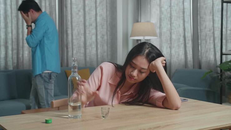 Drunk, Depressed Asian Woman Pouring Vodka In A Shot Glass Before Drinking And Man Walking Behind Her At The Home