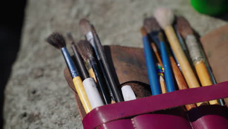 paintbrushes in a leather case