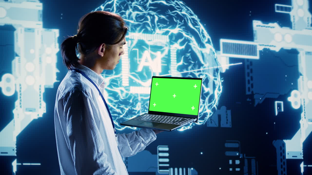 Programmer uses chroma key laptop for AI