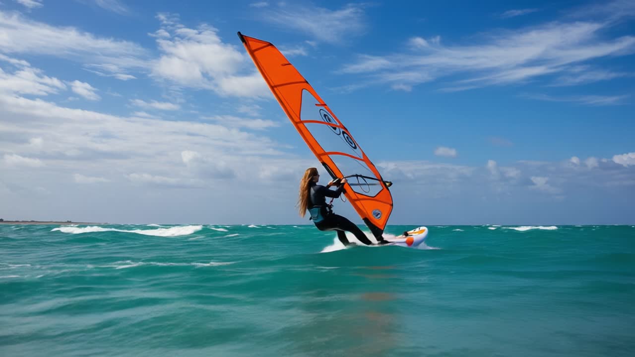 Incredible Windsurfing Experience on Vibrant Blue Waters: A Sport Enthusiast Takes Control of the Sail Amidst Breezy Skies and Rolling Waves