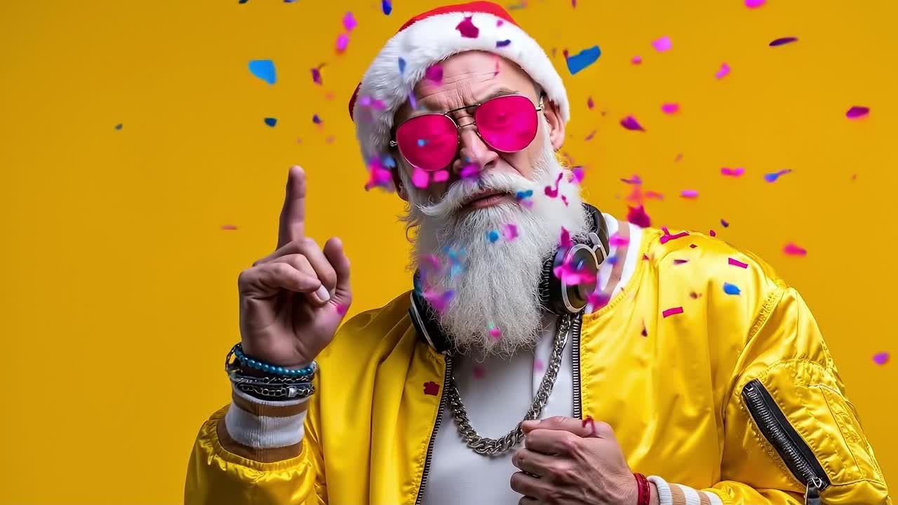 A man in a santa hat and sunglasses with confetti falling around him