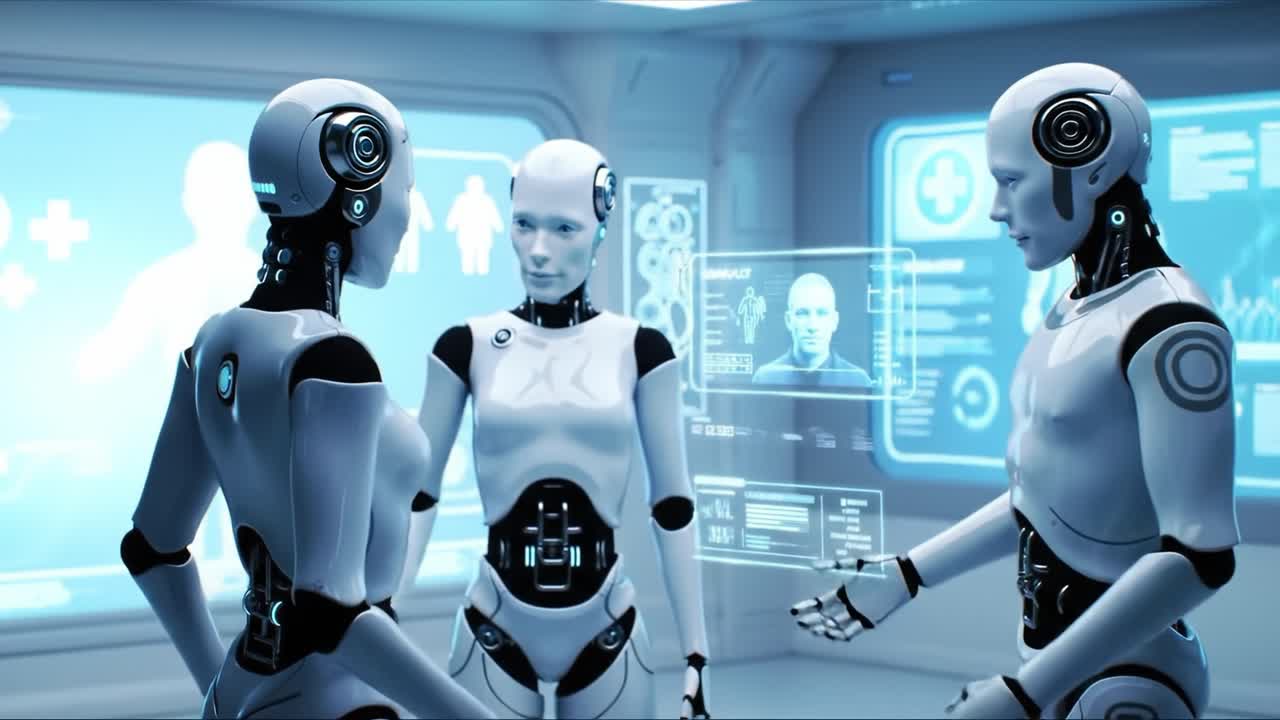 A group of humanoid robots engaged in conversation in a futuristic environment, equipped with advanced technology displays showcasing health data and analytics
