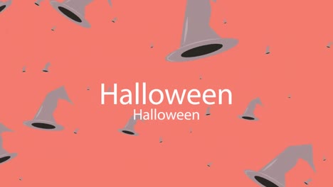 Animation-Von-Halloween-Schrift-Und-Schwebenden-Hexenhüten-Auf-Orangefarbenem-Hintergrund