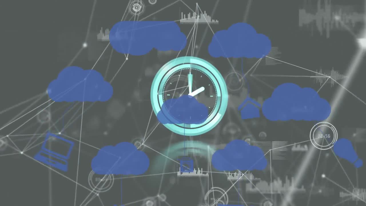 animación de reloj moviéndose rápidamente sobre nubes digitales y red de conexiones