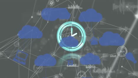 Animation-of-clock-moving-fast-over-digital-clouds-and-network-of-connections