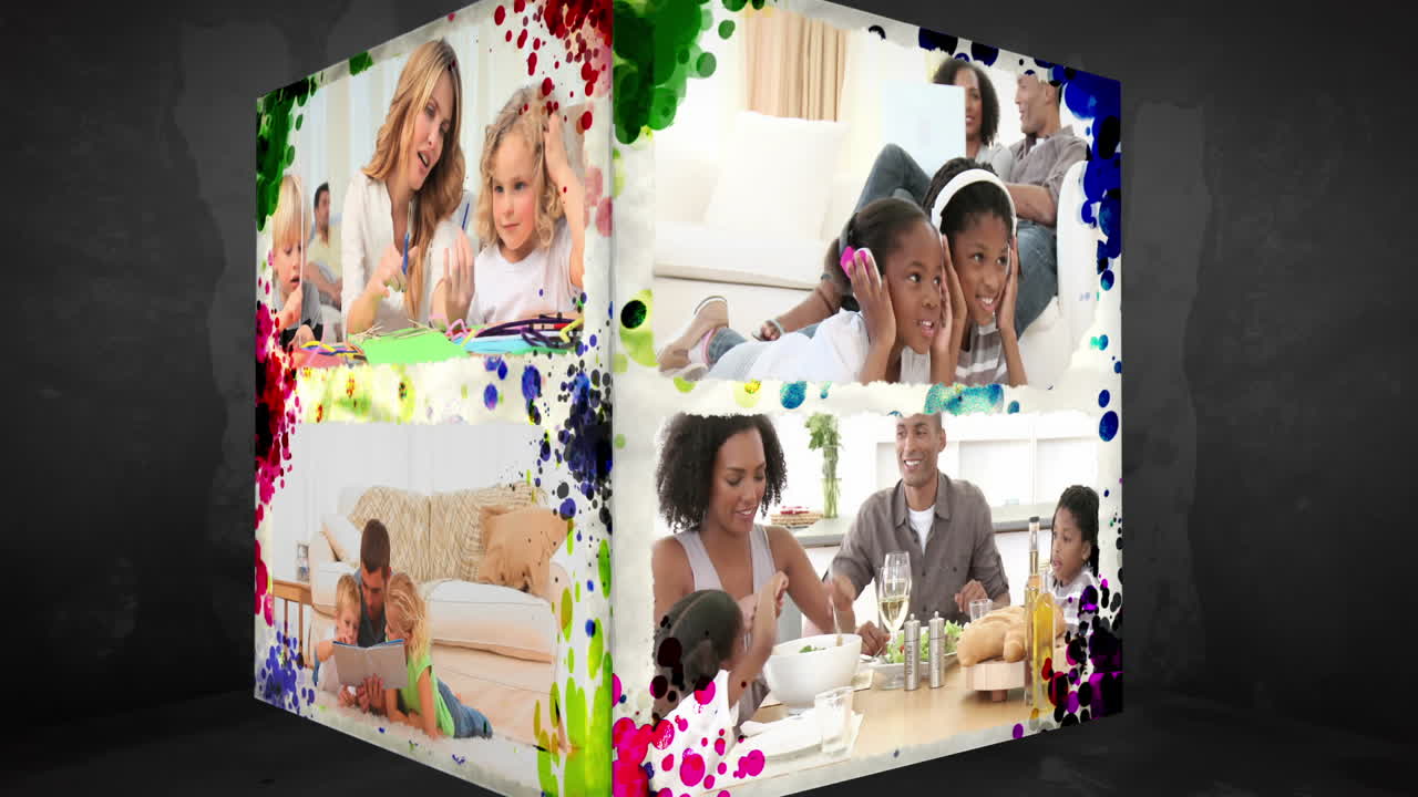cubo de animación 3d de las familias en casa