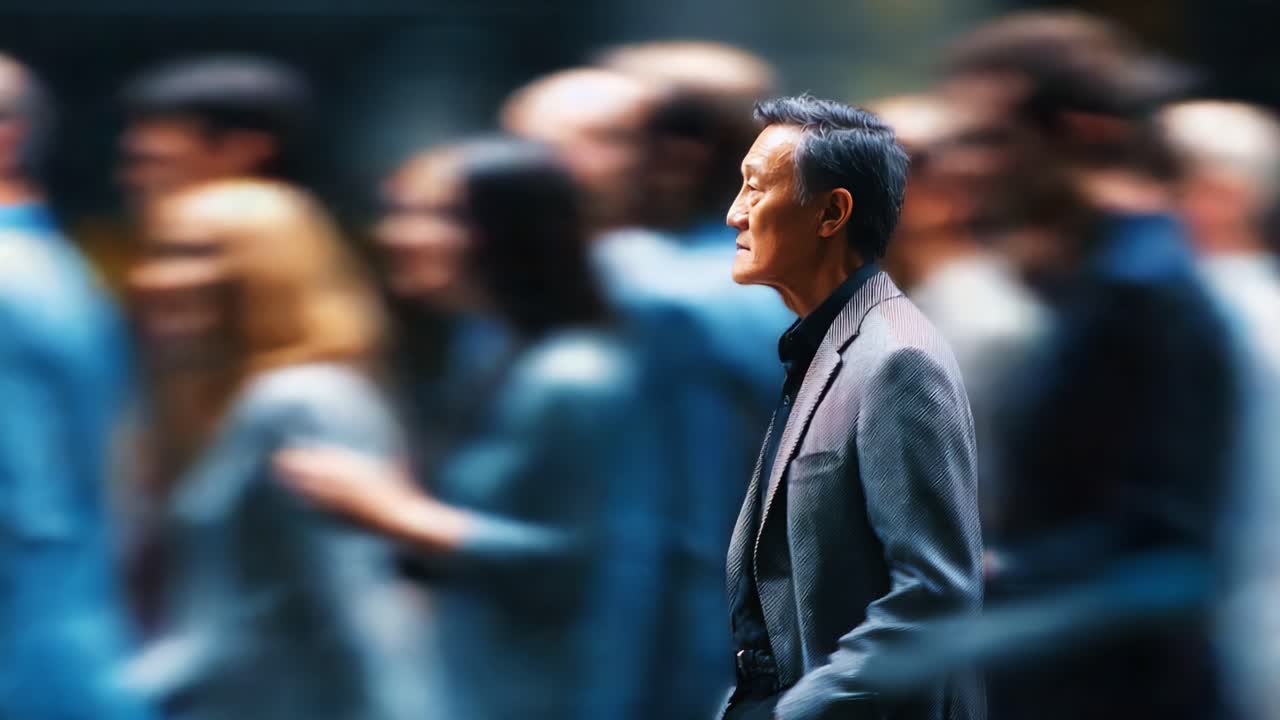 A solitary figure navigating through a bustling crowd, embodying the essence of individuality and contemplation amidst the fast-paced urban environment in motion