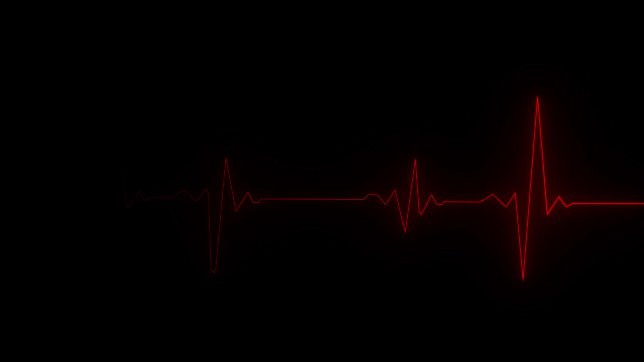 Una linea rossa che rappresenta il battito cardiaco con ECG e impulsi multipli si muove su uno schermo nero. Perfetta per fiction a tema medico, scene ospedaliere o concetti romantici