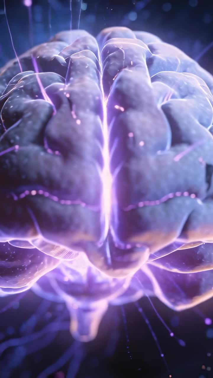 Vertical video: Moving camera around rotating brain model in dark void, neon purple glow tracing