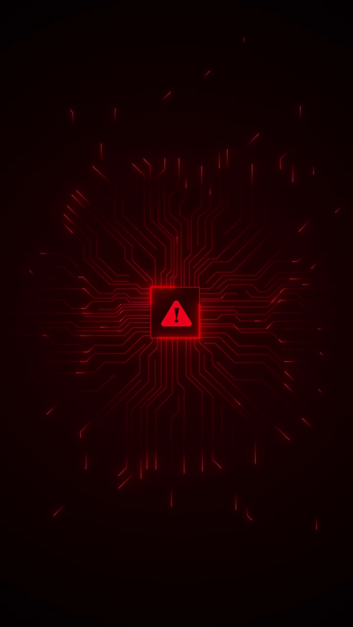 Dark red digital warning background glowing processor circuit traces emergency alert energy cyber