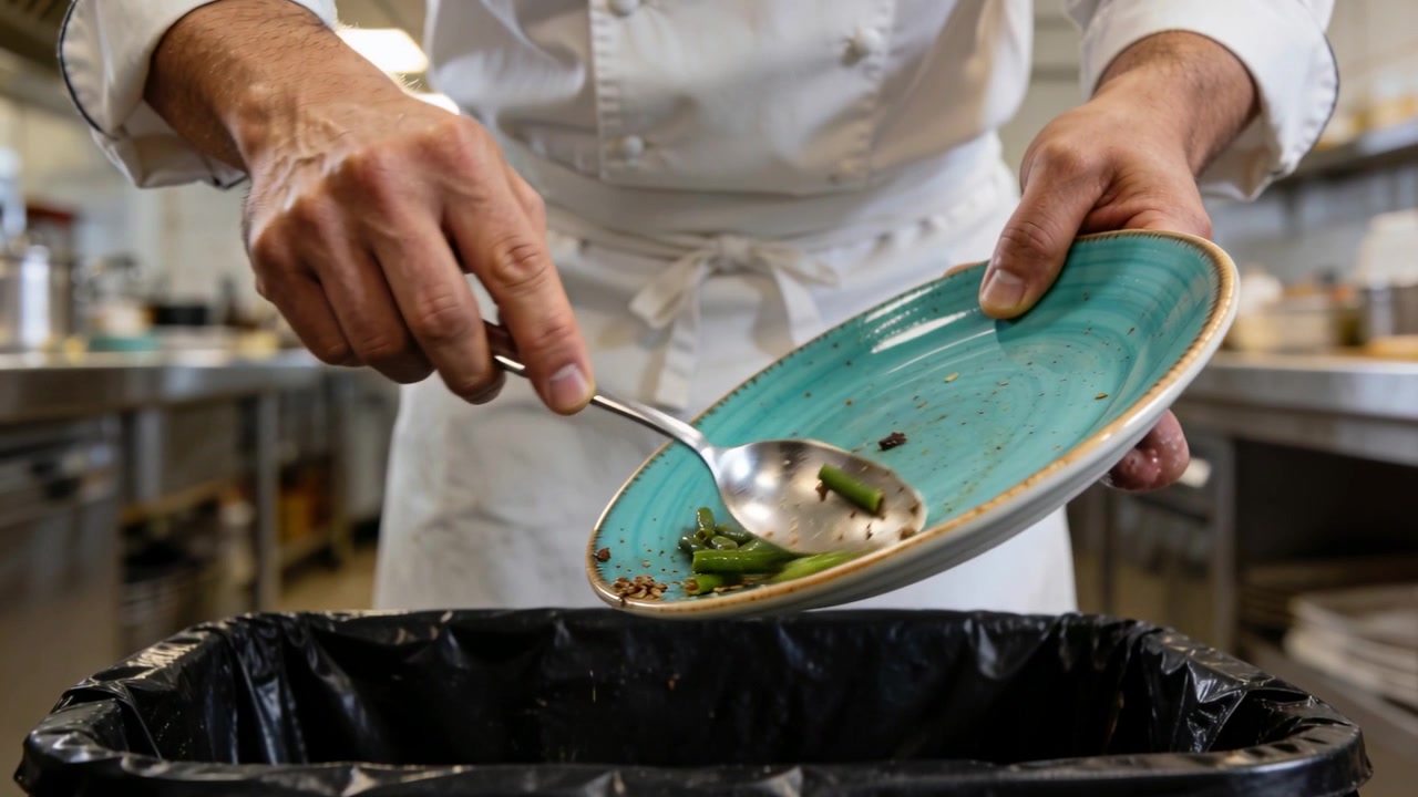 Chef con grembiule e giacca bianca che raschia, tiene un piatto inclinato color verde acqua e svuota un bidone della cucina con un cucchiaio di metallo.