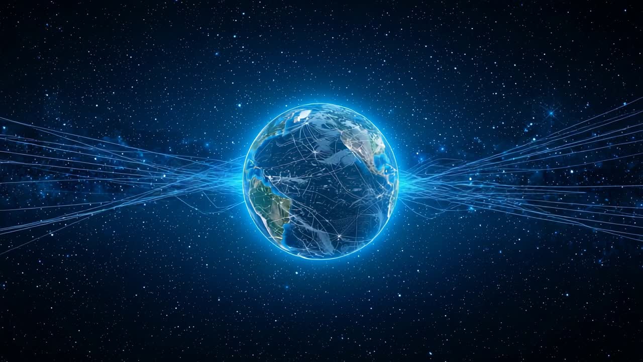 Digital Earth globe appearing and rotating in space environment, with streaming network lines