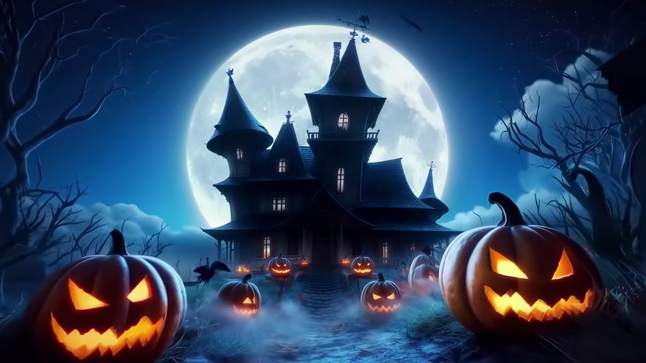 Casa stregata inquietante con zucche di Halloween luminose di notte