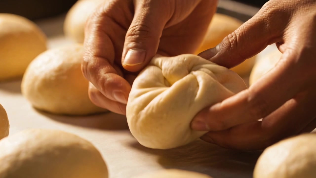 Picking up dough ball, baker's hands pinching and folding dough on parchment tray for baking