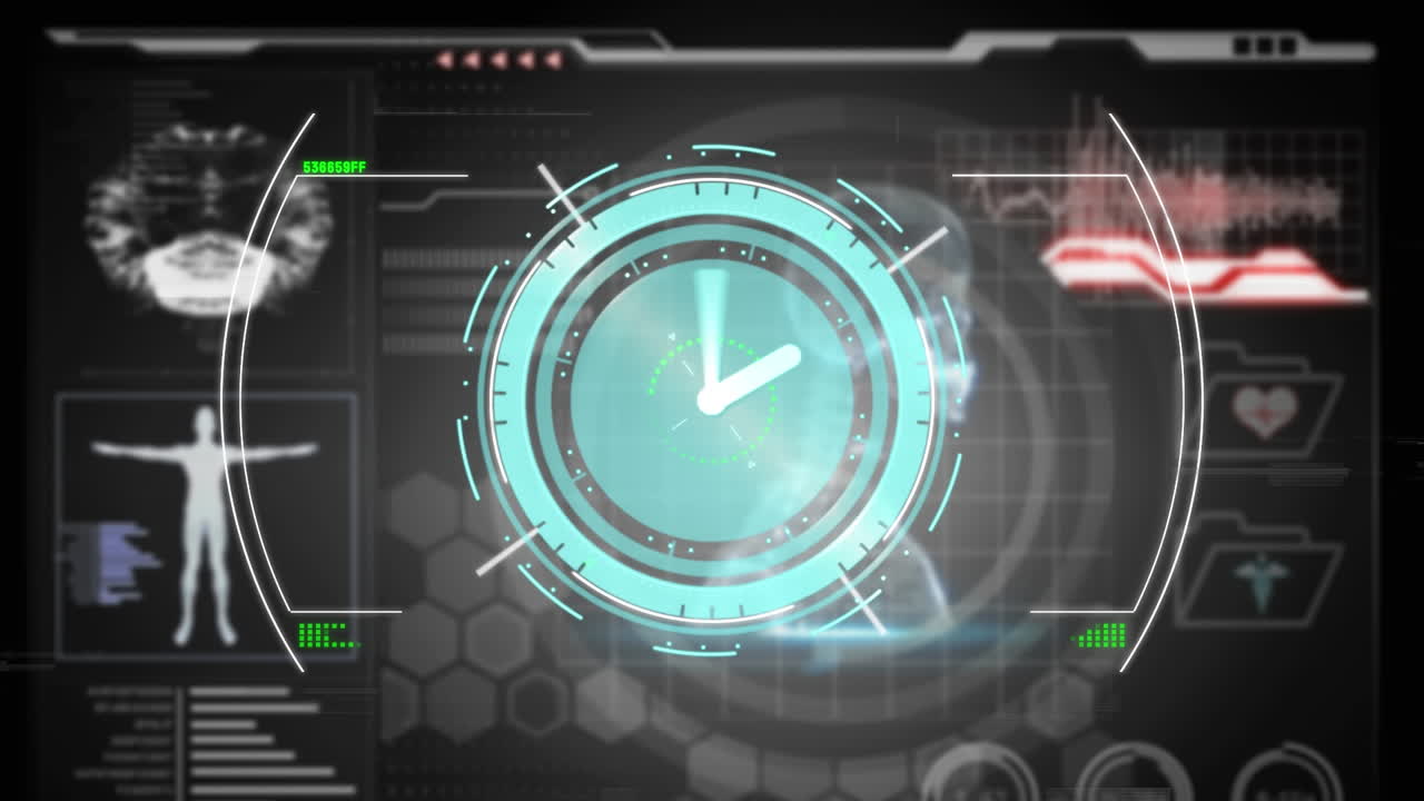 시계 애니메이션, 디지털 인터페이스에서 몸 분석과 함께 데이터에 대한 hud 처리