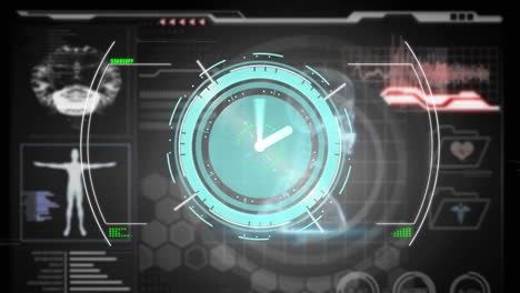 animación del reloj, procesamiento de hud sobre datos con análisis corporal en la interfaz digital