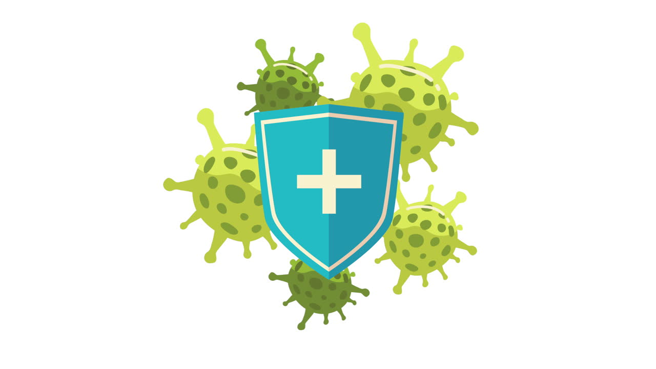 partículas de covid-19 con animación de escudo