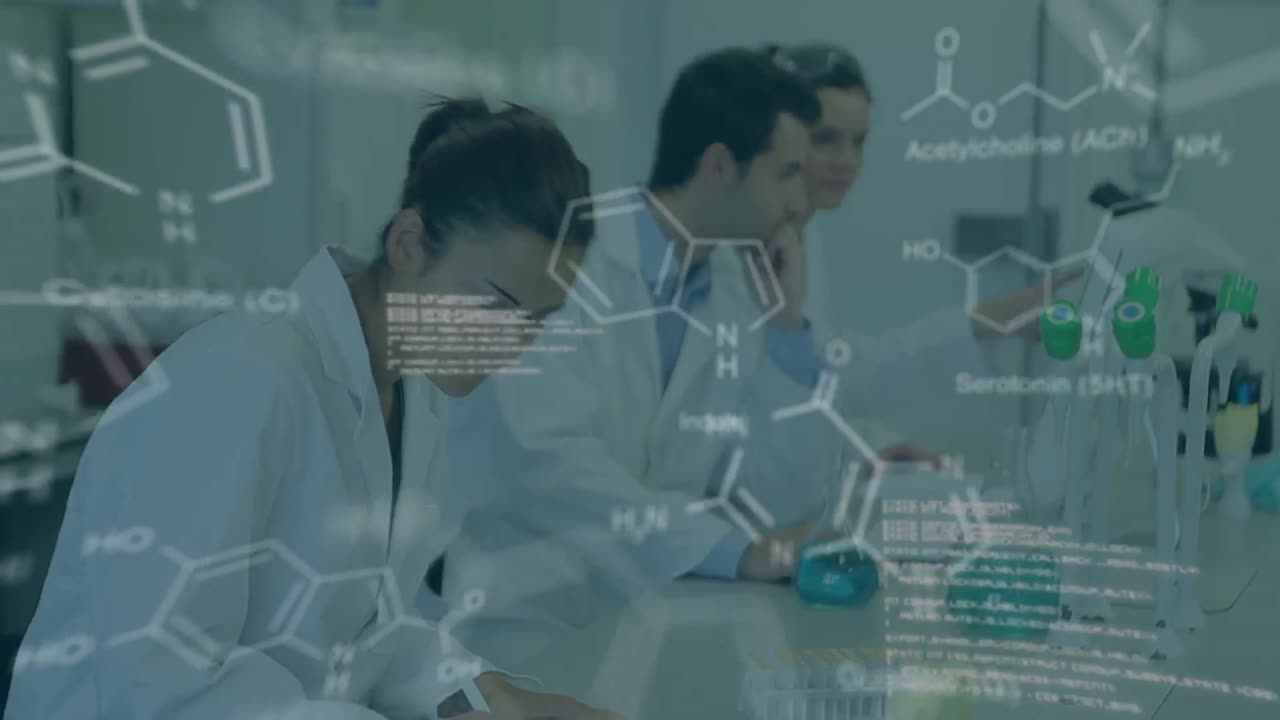 animación de moléculas y procesamiento de datos sobre diversos científicos en el laboratorio