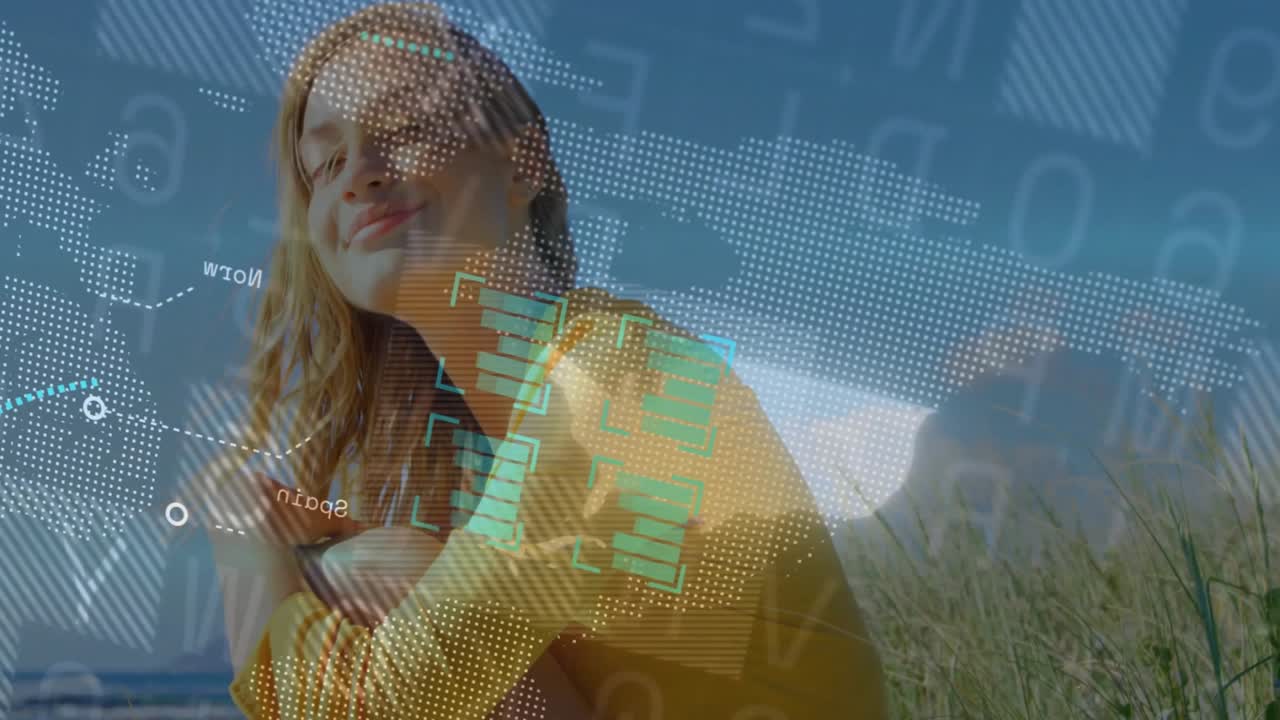 Woman seated among dunes reacting to fading charts and exploring data overlays for insight in tech