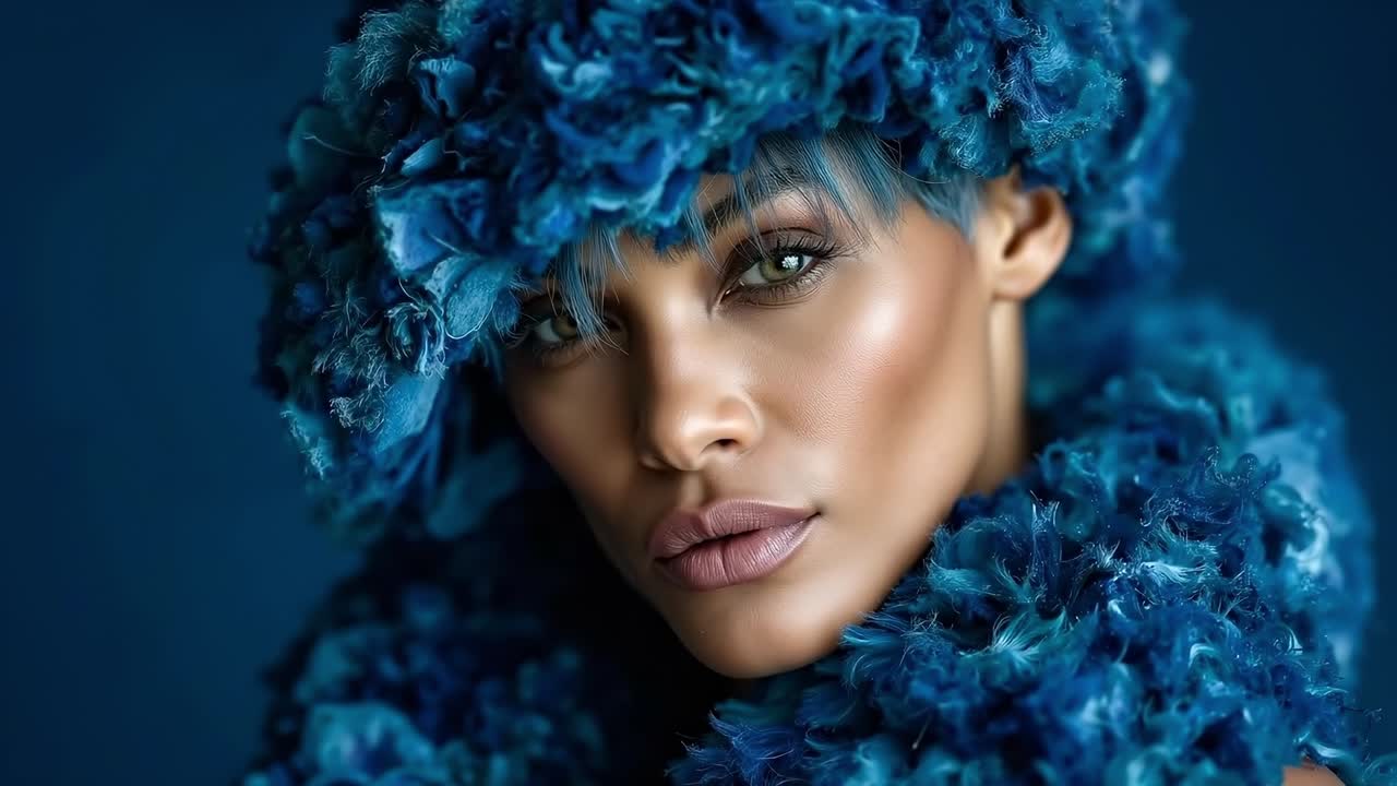 A woman with blue hair wearing a blue feathered hat