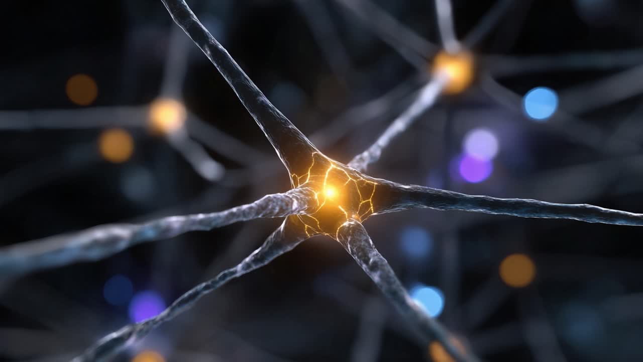Close-up View of Neurons Illuminated with Glowing Synapses and Colorful Connections Representing Neural Activity in a Complex Network