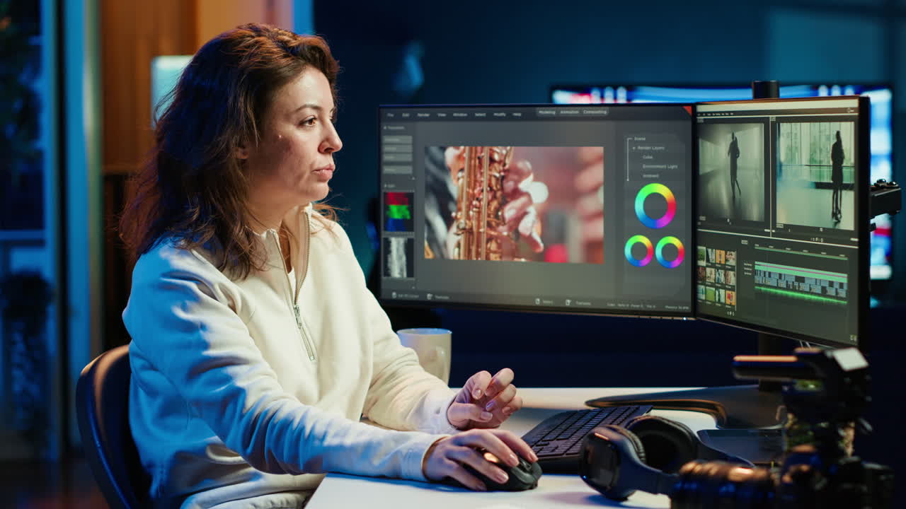 retrato de un editor de video feliz fusionando clips en bruto y imágenes