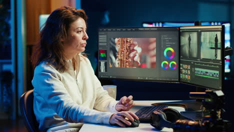 portrait of happy video editor merging raw clips and footage