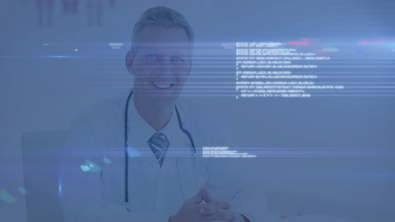 Doctor sitting in medical office, showcasing stethoscope with digital code and light flares