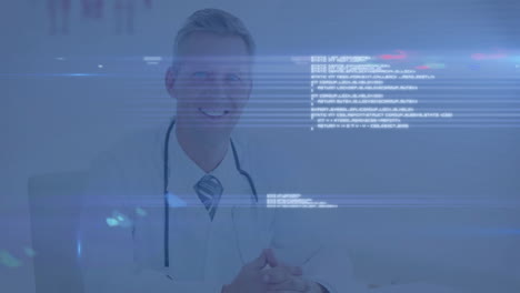 doctor sitting in medical office, showcasing stethoscope with digital code and light flares