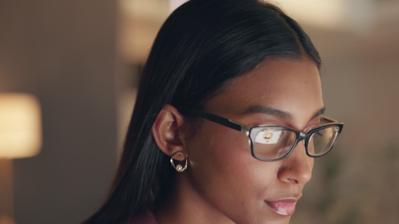 Business woman, glasses and success in night