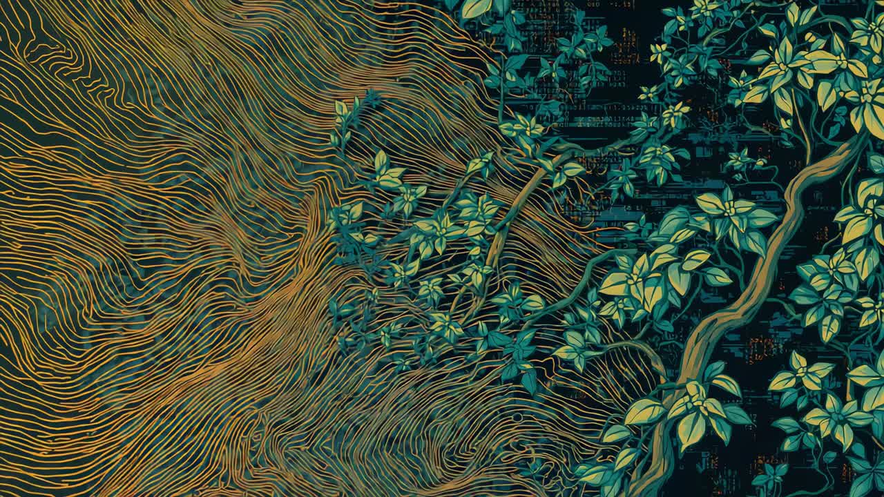 Starting shot showing vine reaching dark panel, merging with golden lines with teal leaves rippling