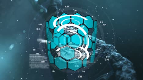 Animación-De-Hexágonos,-Procesamiento-De-Datos-Y-ADN-Sobre-Fondo-Marino.